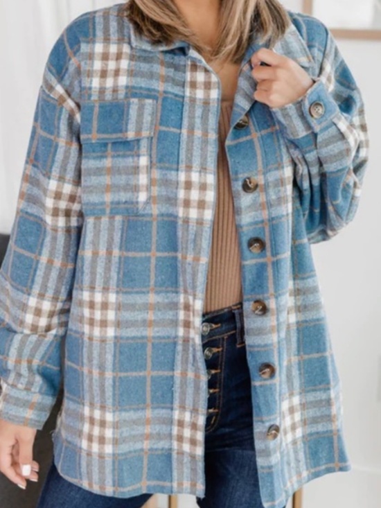 Pink Lily Tops - PINK LILY Blue Orange/Brown Plaid Shacket Size S